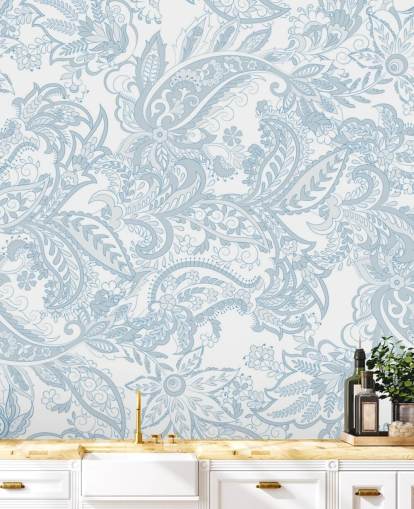 papel tapiz floral azul y blanco con estampado de cachemira