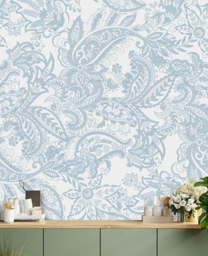 blaue und weiße Paisley-Mustertapete