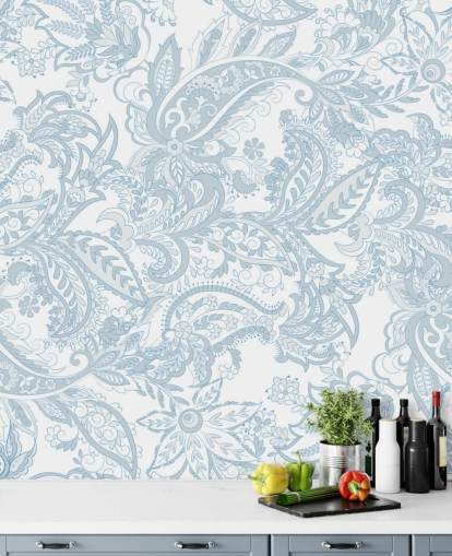 papel de parede floral azul e branco paisley
