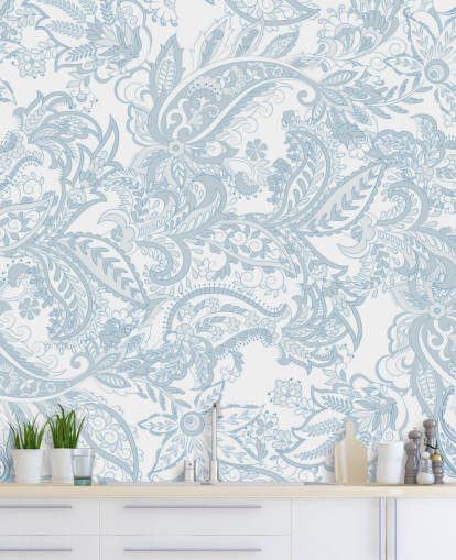 papier peint à motif cachemire bleu et blanc