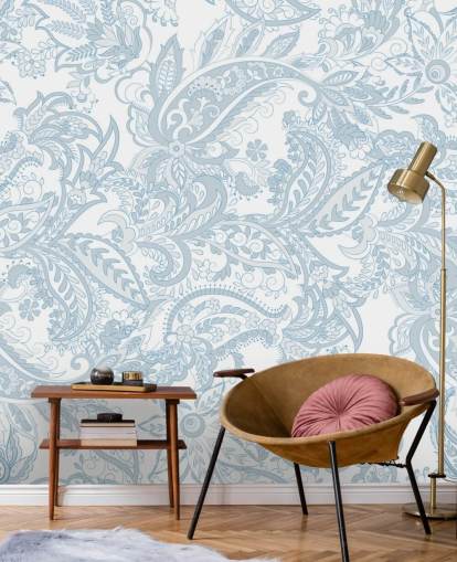carta da parati floreale blu e bianco con motivo paisley