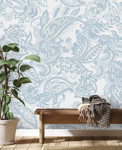 floral blue and white paisley pattern wallpaper