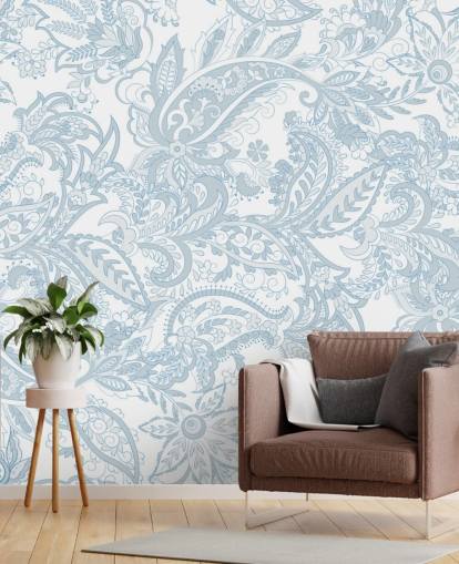 blaue und weiße Paisley-Mustertapete