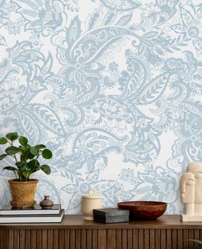 blaue und weiße Paisley-Mustertapete