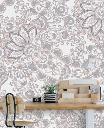 vaaleanharmaa ja ruskea Paisley tapetti