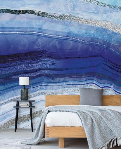 donkerblauw, lichtblauw en zilver geode behang