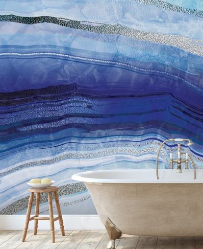 papel pintado geoda azul oscuro, azul claro y plateado