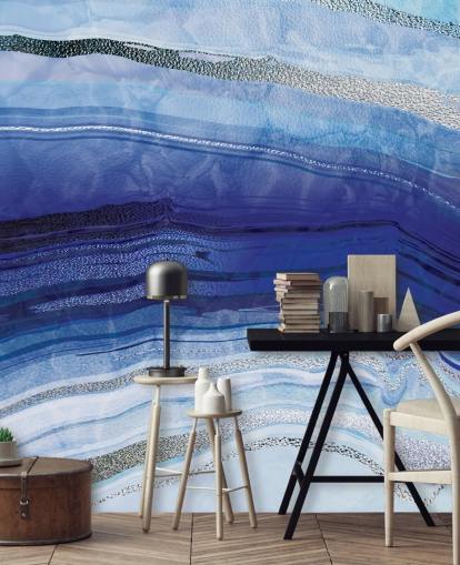 papel pintado geoda azul oscuro, azul claro y plateado