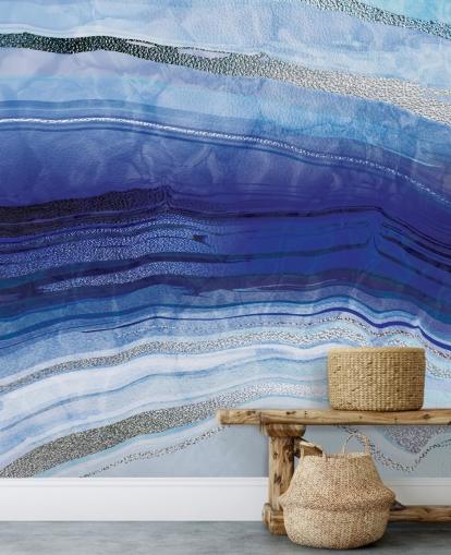 donkerblauw, lichtblauw en zilver geode behang