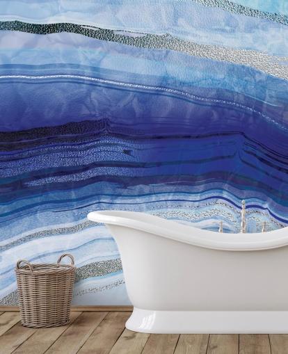 mørk blå, lys blå og sølv geode tapet