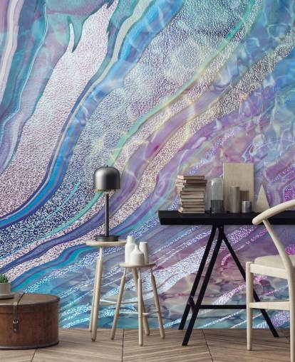 papier peint effet géode violet, bleu et argent