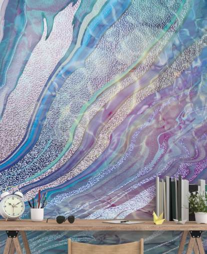 papier peint effet géode violet, bleu et argent