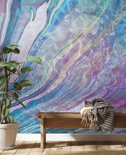 papier peint effet géode violet, bleu et argent