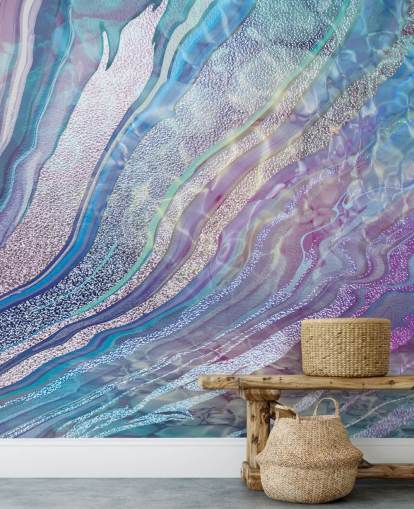 papel pintado efecto geoda púrpura, azul y plata