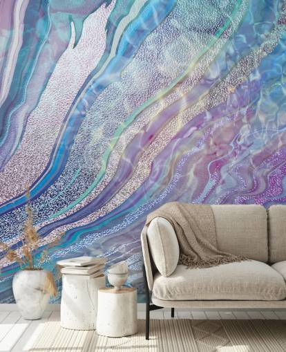 papel pintado efecto geoda púrpura, azul y plata