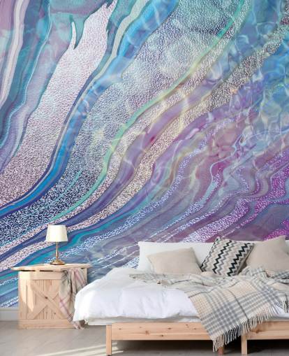 papel pintado efecto geoda púrpura, azul y plata