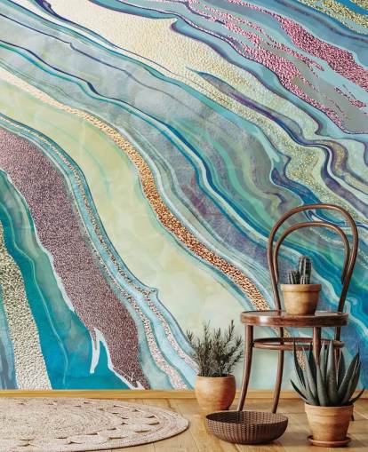 papel pintado efecto mármol azul y rosa