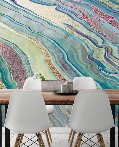 blauw en roze marmereffect behang