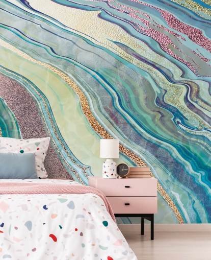 blauw en roze marmereffect behang