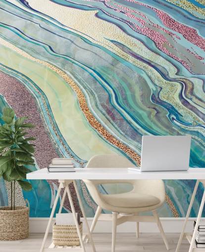 papier peint effet marbre bleu et rose