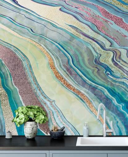 papel pintado efecto mármol azul y rosa