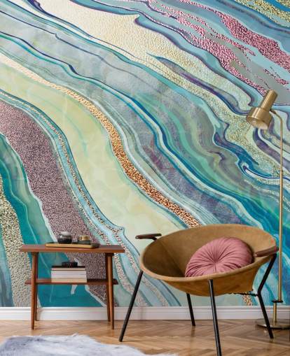 papel pintado efecto mármol azul y rosa