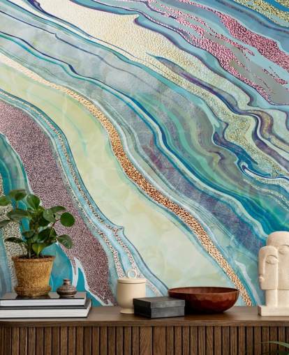 papel pintado efecto mármol azul y rosa