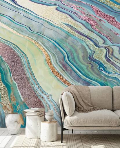 blauw en roze marmereffect behang