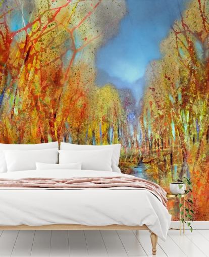 papel de parede árvores pintadas laranja