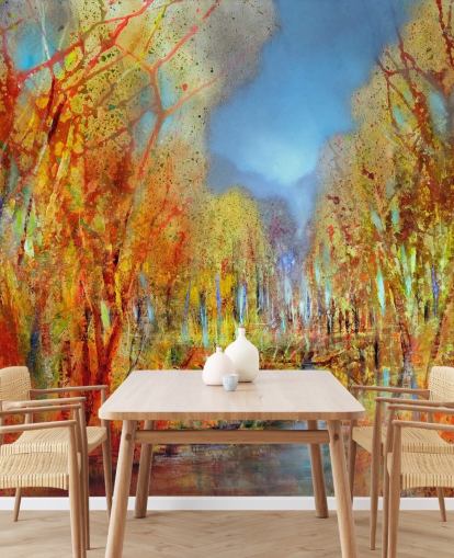 orange painted trees wallpaper