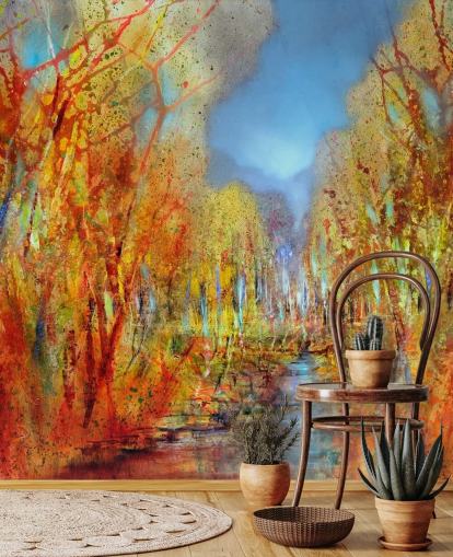 papel de parede árvores pintadas laranja