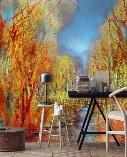 papier peint arbres peints orange