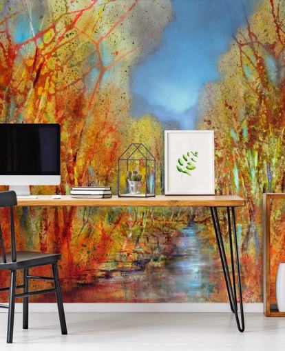 orange painted trees wallpaper