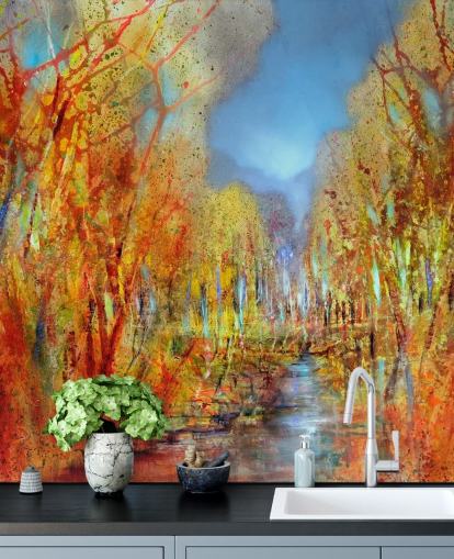 orange painted trees wallpaper