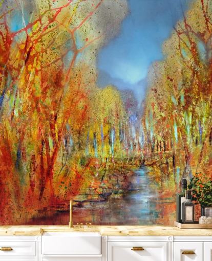 papier peint arbres peints orange