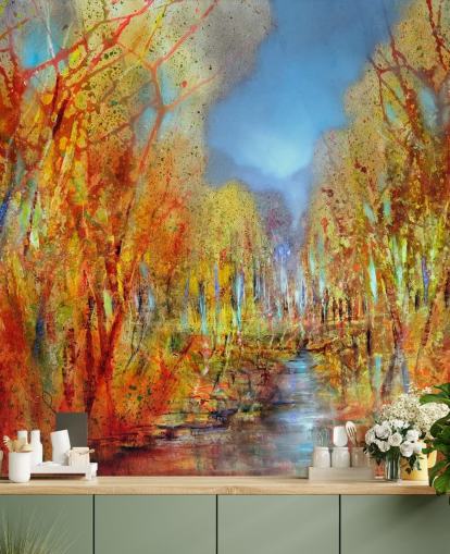 orange painted trees wallpaper