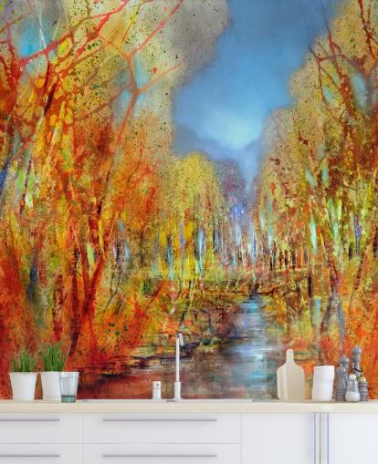 orange painted trees wallpaper