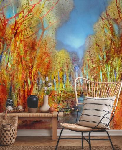 orange painted trees wallpaper