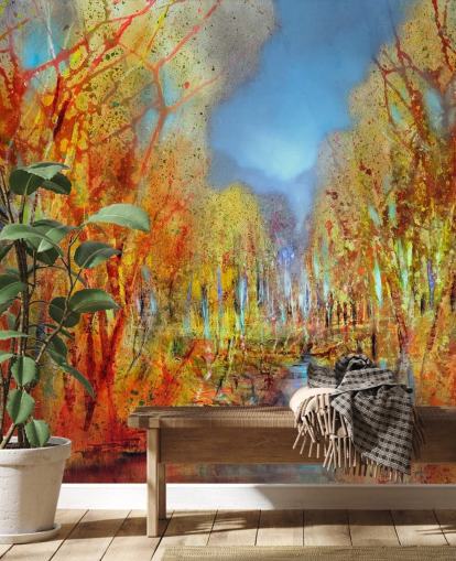 orange painted trees wallpaper