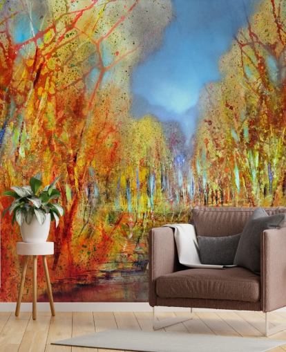 oranje geschilderde bomen behang