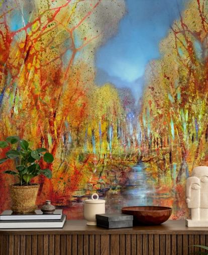 orange painted trees wallpaper