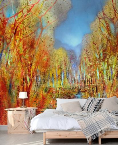 oranje geschilderde bomen behang oranje geschilderde bomen behang