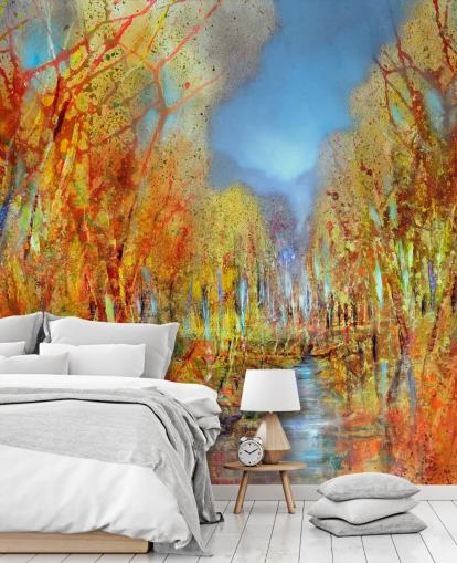 oranje geschilderde bomen behang