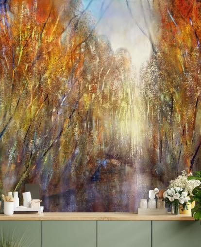 papel pintado de árboles de otoño amarillo y naranja