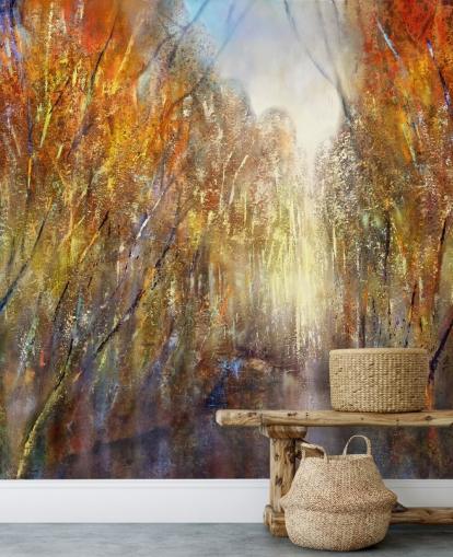 papel pintado de árboles de otoño amarillo y naranja