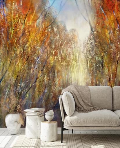 papel pintado de árboles de otoño amarillo y naranja