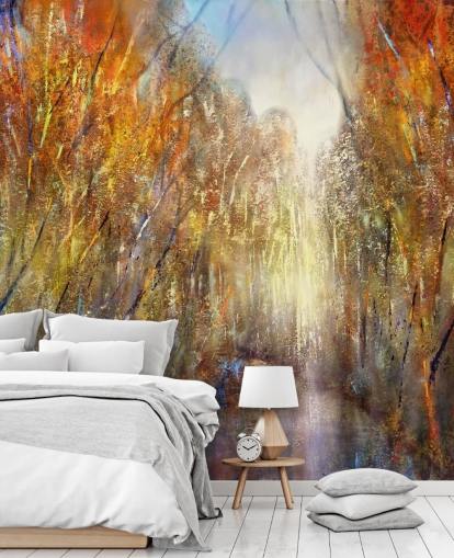 papel pintado de árboles de otoño amarillo y naranja