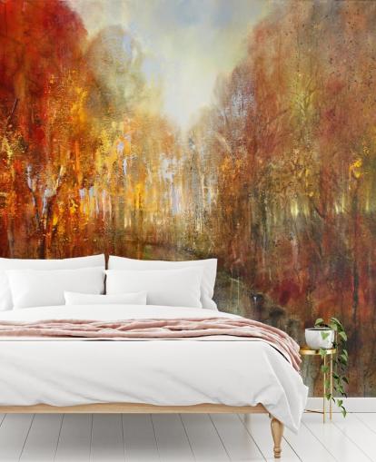 papel de parede florestal pintado de laranja e amarelo