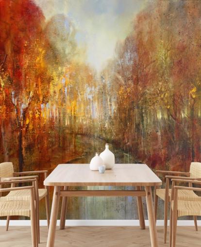 papel pintado bosque naranja y amarillo