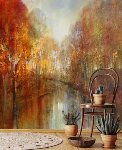 papel pintado bosque naranja y amarillo